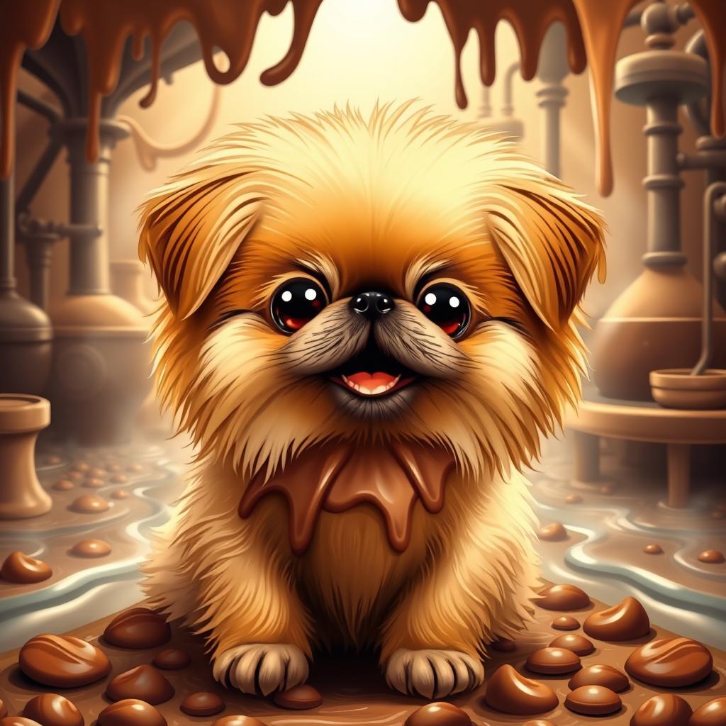 A charming caramel-colored Pekingese dog with a body that resembles a delicious chocolate truffle, fluffy and shiny with big, sparkling eyes and a joyful expression