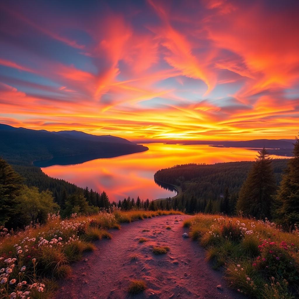 A stunning landscape at sunset, featuring a vibrant sky with shades of orange, pink, and purple blending seamlessly, reflecting off a tranquil lake surrounded by lush green forests
