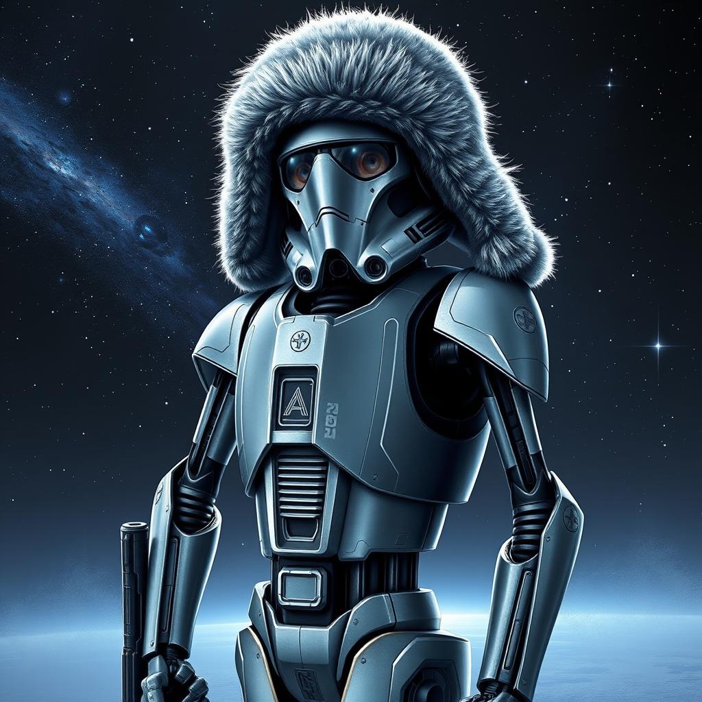 K-2SO from Star Wars wearing a traditional Russian ushanka hat, standing in a futuristic, sci-fi setting