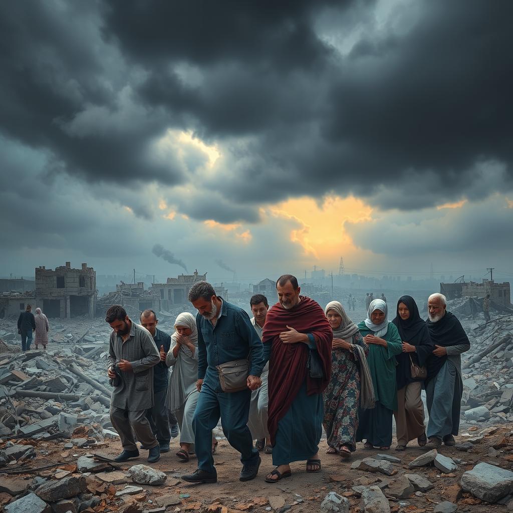 A powerful and emotional representation of the humanitarian crisis in Gaza, depicting the resilience of the human spirit amidst destruction