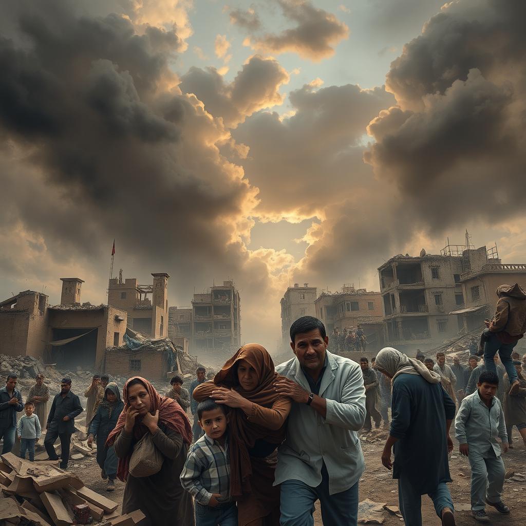 An emotional and powerful representation of the ongoing humanitarian crisis in Gaza, showing the devastation and sorrow of war