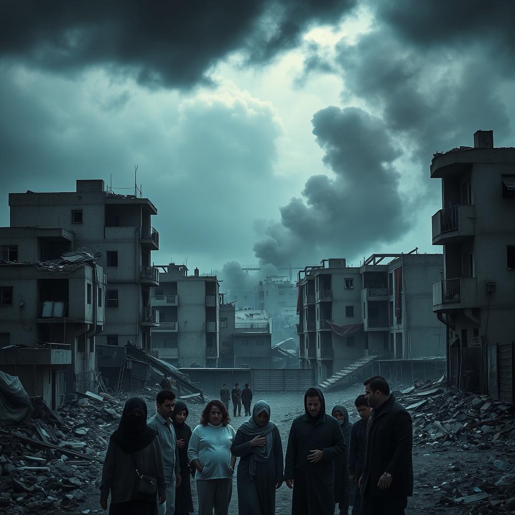 A somber and impactful representation of the ongoing humanitarian crisis in Gaza, portraying scenes of destruction and devastation