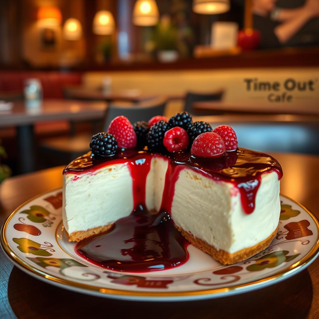 A delicious cheesecake from Time Out Café, beautifully presented on a decorative plate with a vibrant berry topping and a drizzle of berry compote