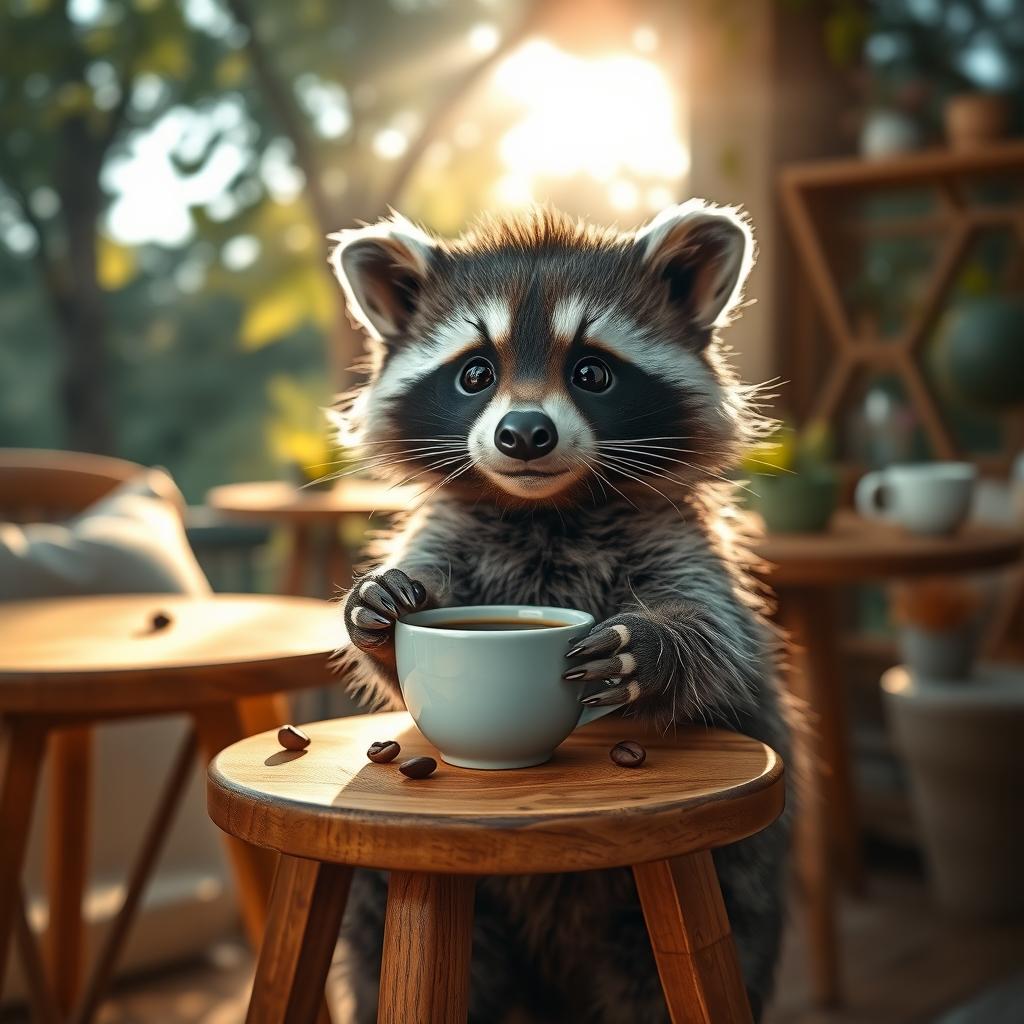 Adorable Raccoon Enjoying Coffee in Cozy Café Setting
