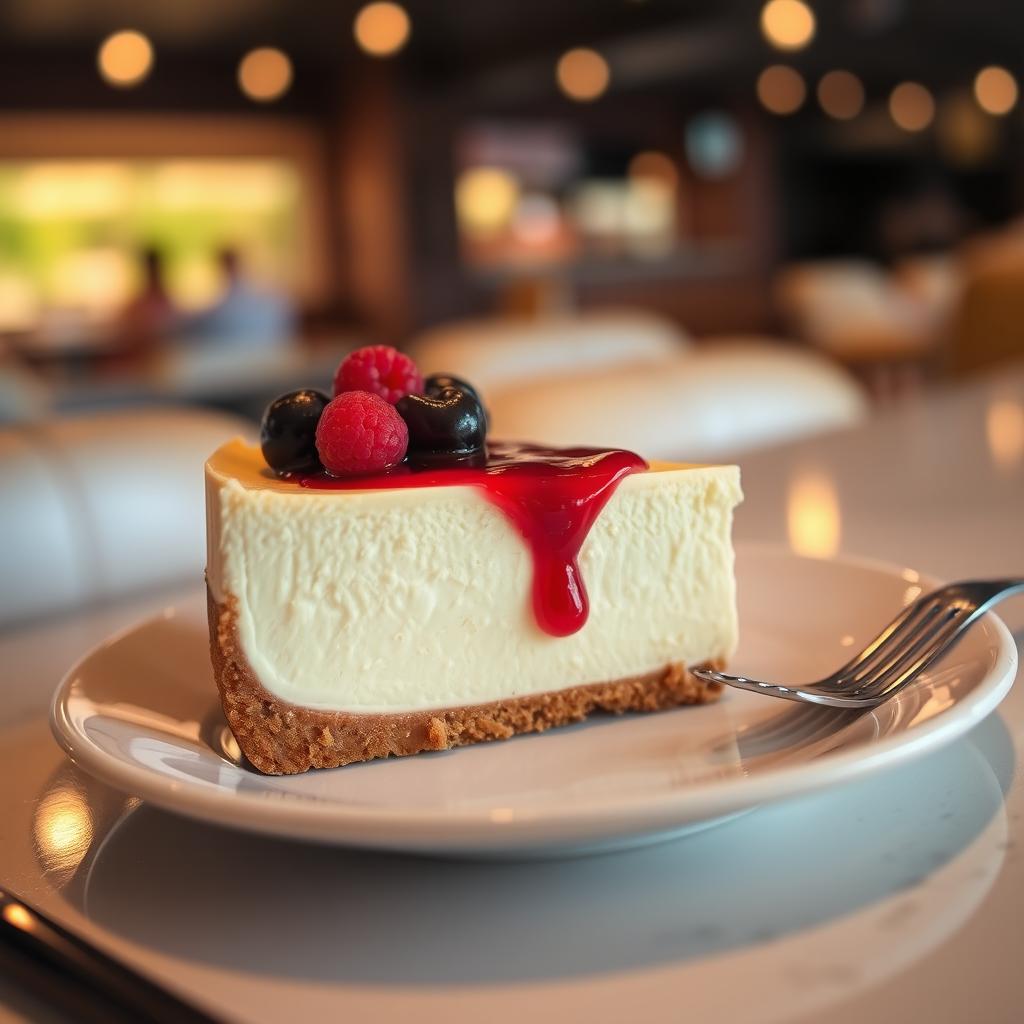 A beautifully presented slice of cheesecake from Time Out Cafe, showcasing its creamy texture and rich color