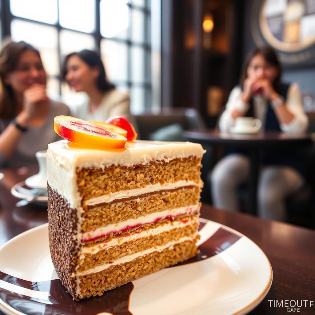 An enticing close-up view of a Dubai Cake from Time Out Café, showcasing its rich layers and vibrant colors