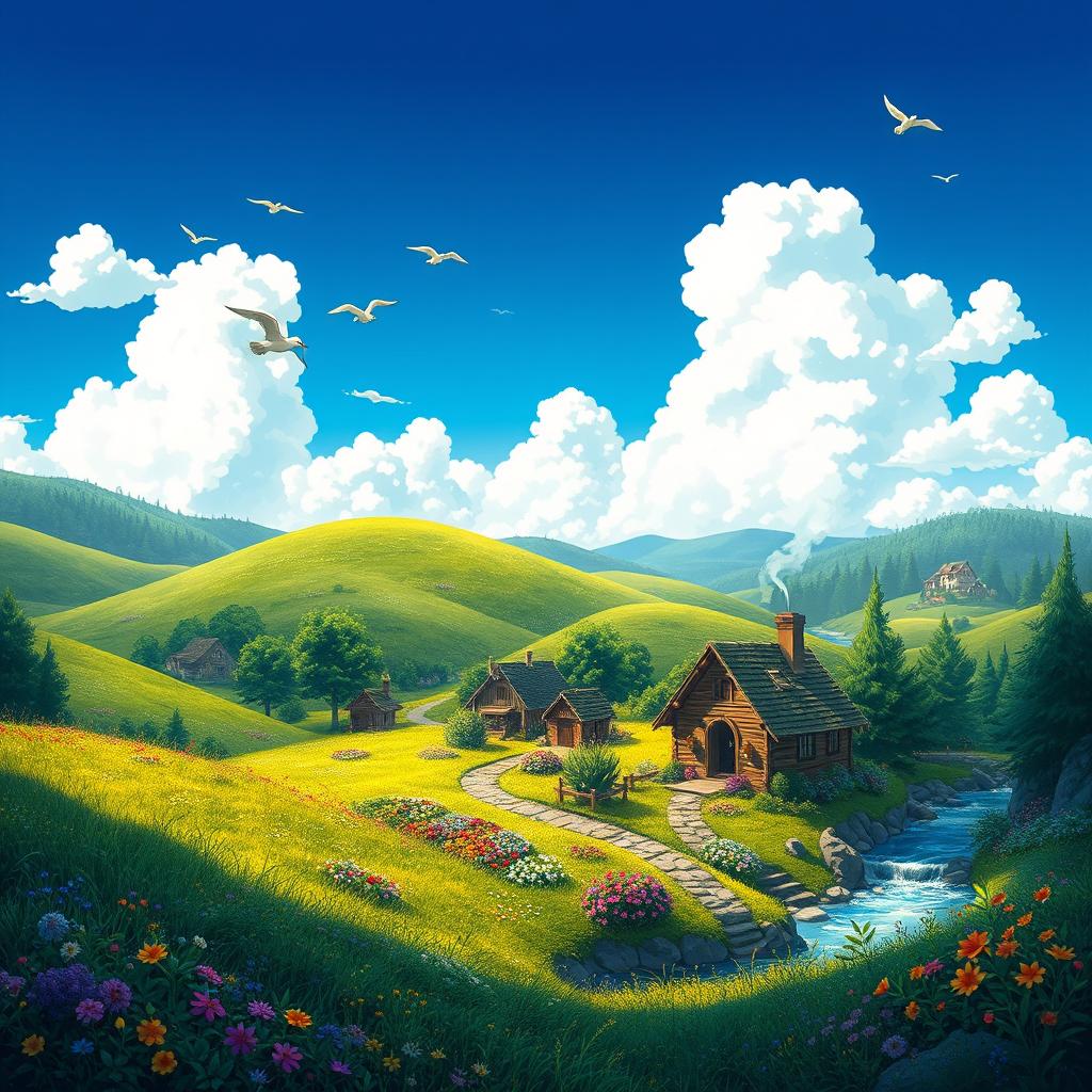 A whimsical fantasy landscape in the style of Studio Ghibli, featuring rolling green hills, vibrant wildflowers, and a quaint little village nestled among the trees