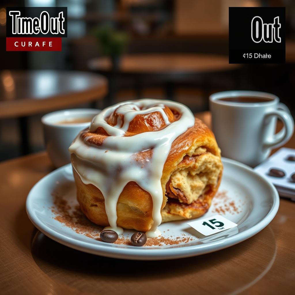 A beautifully presented cinnamon roll from Time Out Café, showcasing its rich, gooey texture and topped with a generous drizzle of cream icing