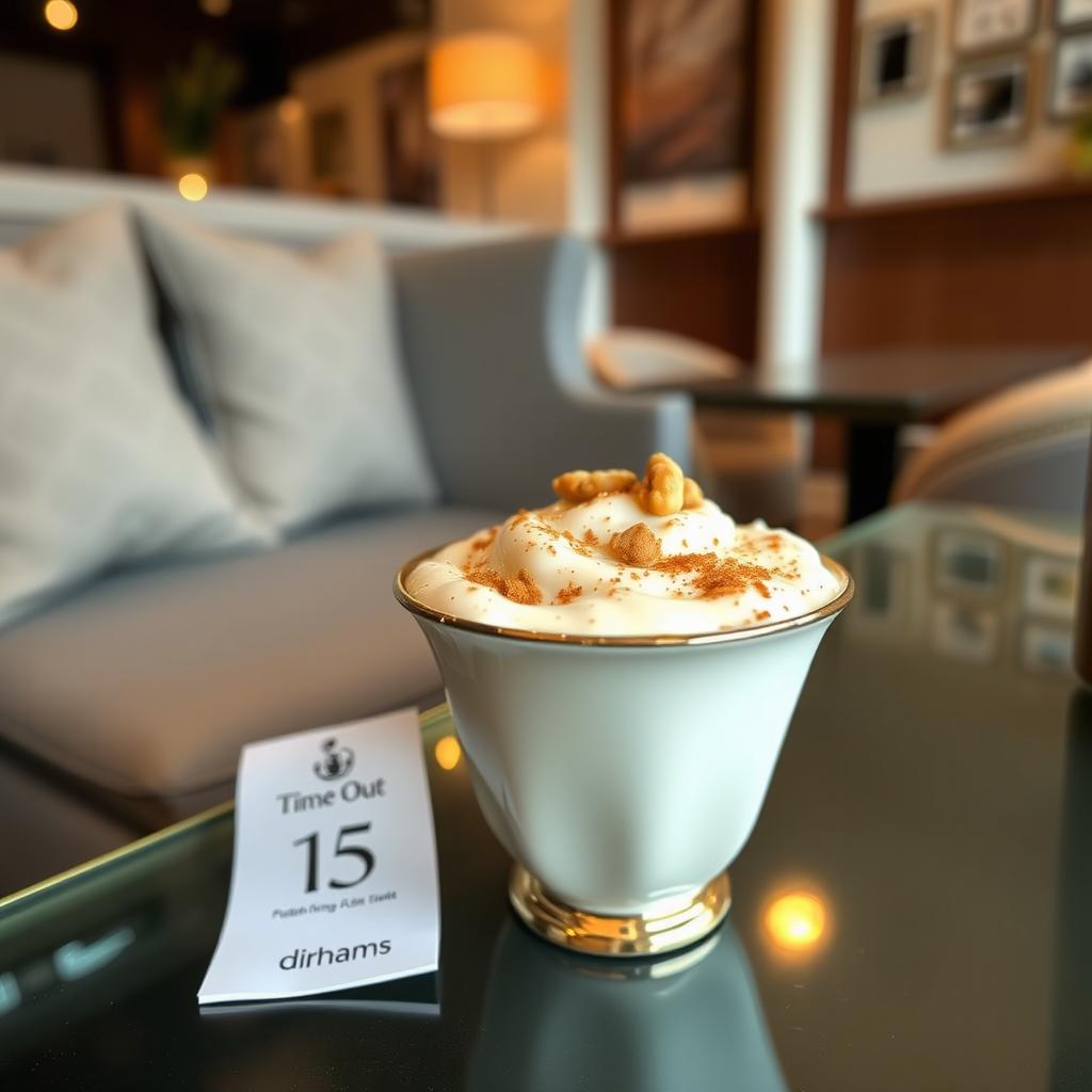 A beautiful presentation of a cup of rice pudding (رز بلبن) from the café 'Time Out', elegantly styled in a cozy café setting