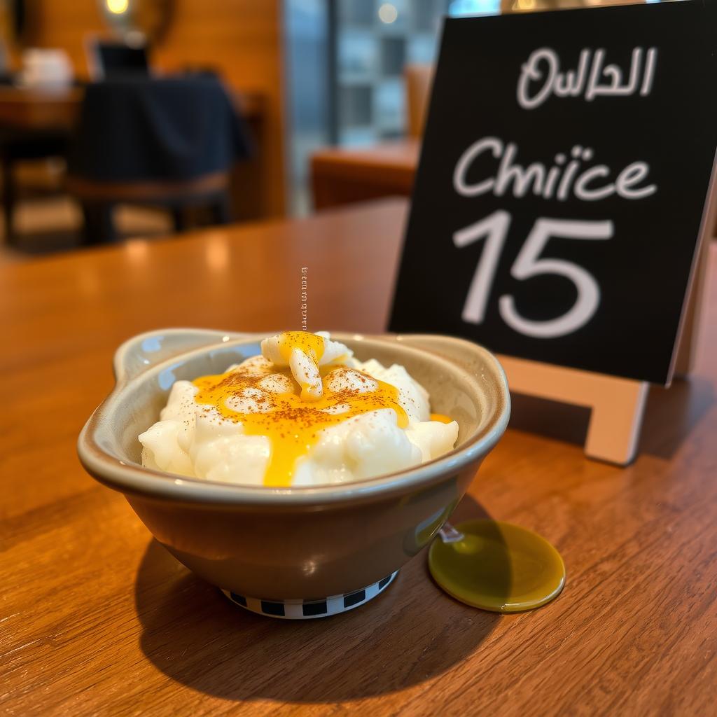 A delectable serving of Rice Pudding (رز بلبن) from Time Out Café, beautifully presented in a stylish dish with a sprinkle of cinnamon and a drizzle of honey on top