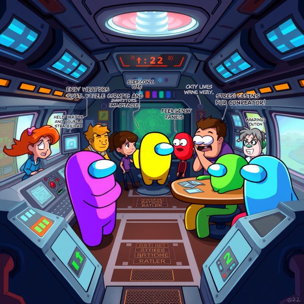 A lively animated scene showcasing gameplay from 'Among Us' featuring the number 22