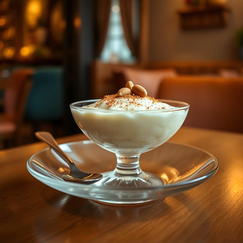 A beautifully arranged serving of traditional Egyptian rice pudding (رز بلبن) from Time Out cafe, elegantly presented in a delicate glass dish
