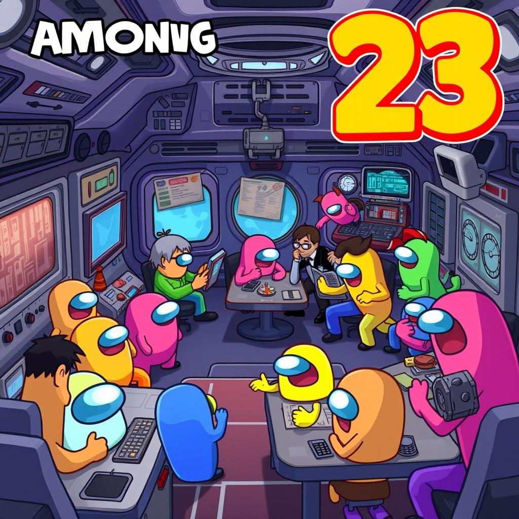 A vibrant animated scene depicting gameplay from 'Among Us' showcasing the number 23
