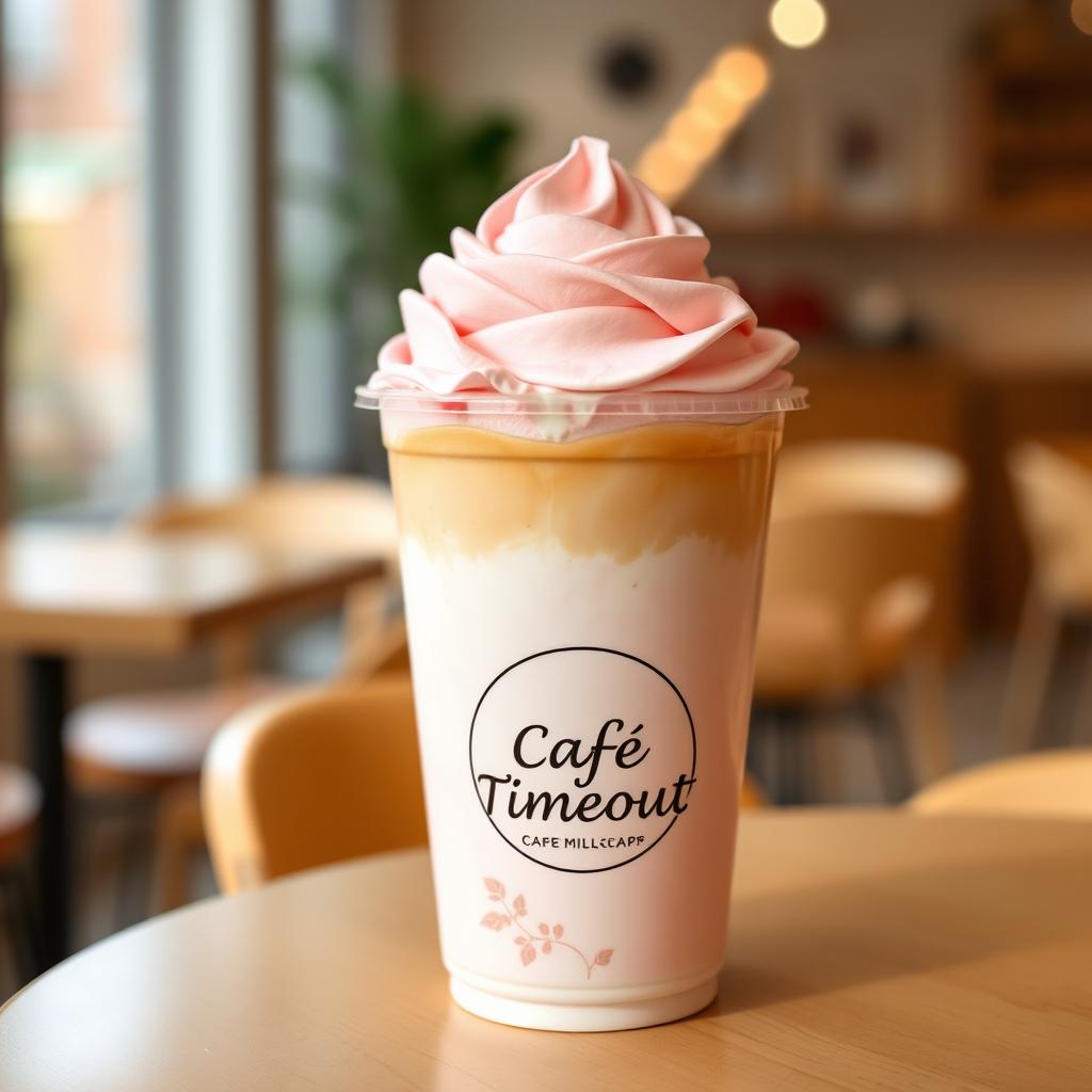 A delicious rose milk cap drink beautifully presented in a takeaway cup from Cafe Timeout