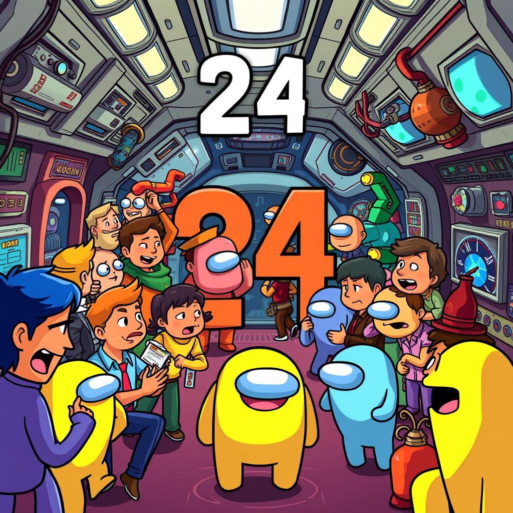 A colorful animated scene depicting gameplay from 'Among Us' centered around the number 24