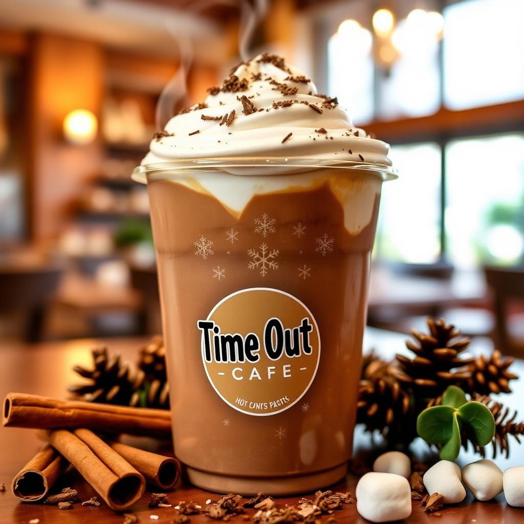 A steaming hot chocolate takeaway cup from Time Out Cafe, showcasing rich, creamy chocolate topped with a swirl of whipped cream and a sprinkle of chocolate shavings
