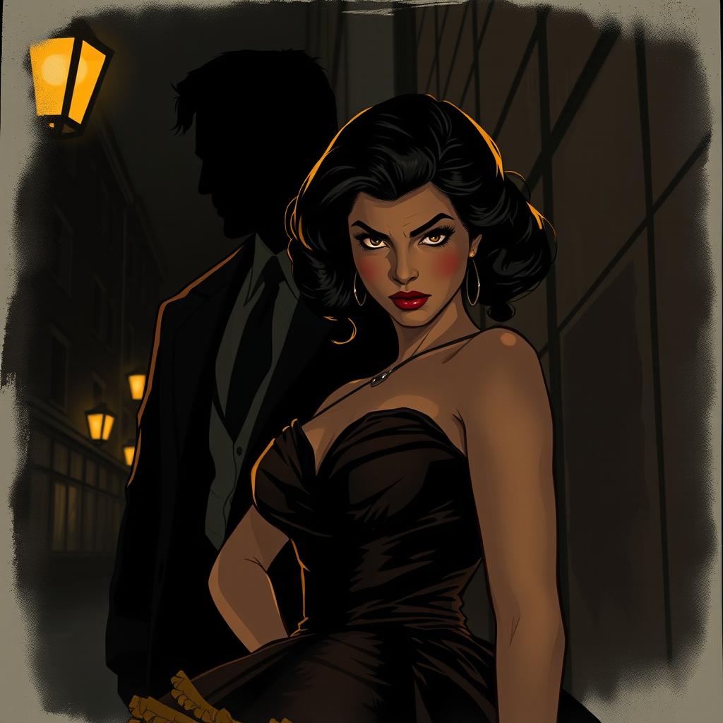 A scene illustrating a compelling narrative in a film noir style, focusing on themes of resilience and strength