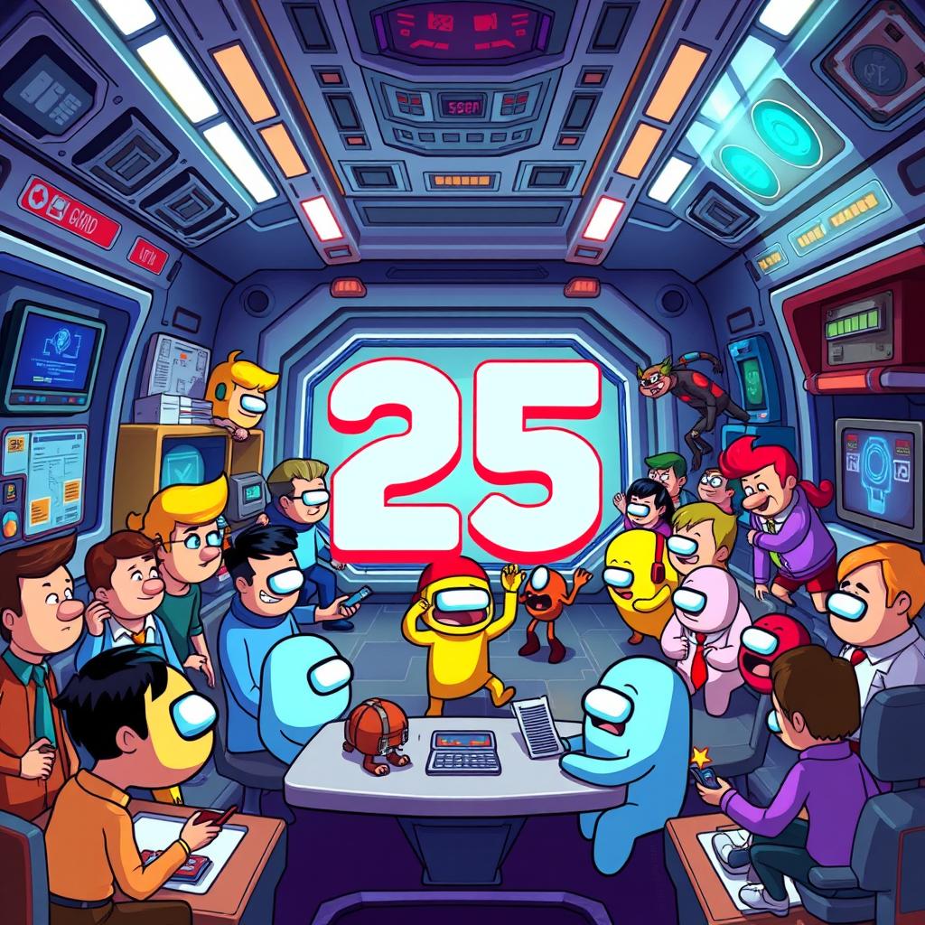 A vibrant animated scene showcasing gameplay from 'Among Us' emphasizing the number 25