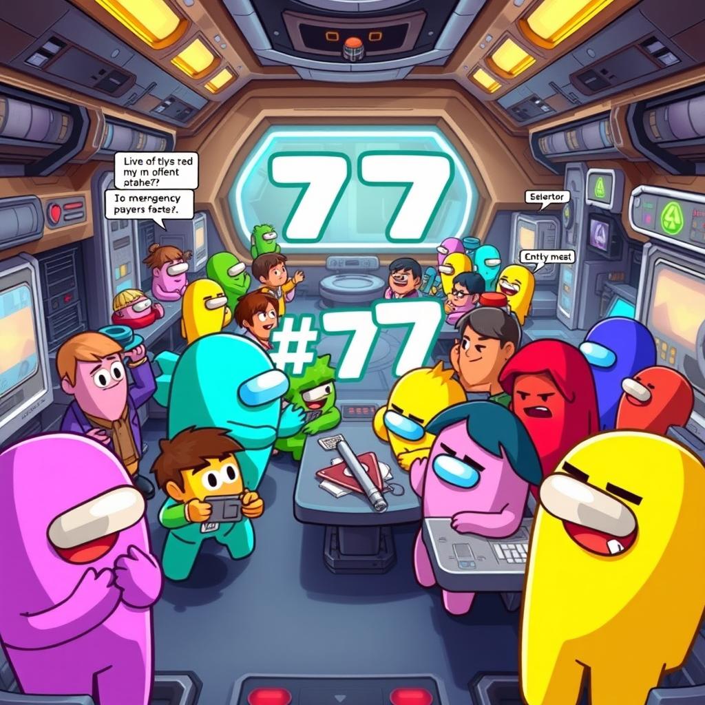 A dynamic animated scene depicting gameplay from 'Among Us' featuring the number 77, showcasing random players in vibrant, engaging scenarios