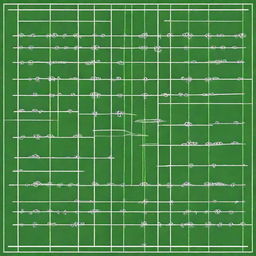 Generate an aerial sketch of a line of scrimmage during a football game. The teams should have correct numbers and colors on their jerseys.