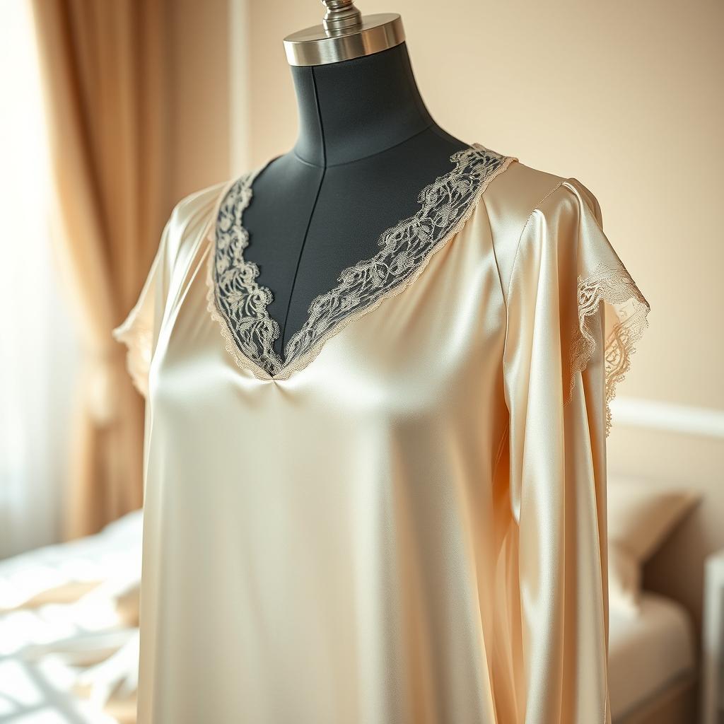 A luxurious silk nightgown elegantly draping over a mannequin, showcasing its smooth, shiny texture