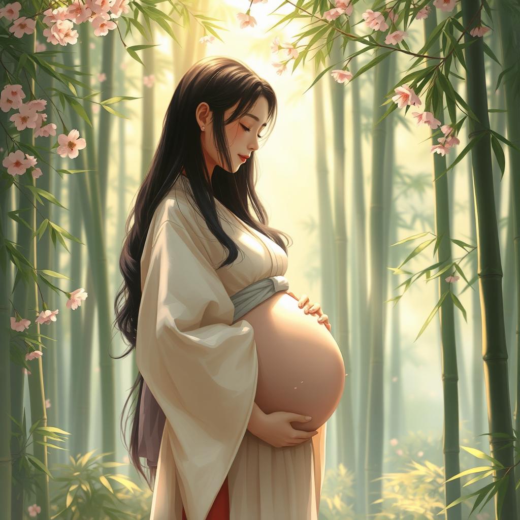 In a tranquil bamboo garden adorned with delicately falling cherry blossoms, a serene Japanese woman gracefully cradles her gently rounded pregnant belly