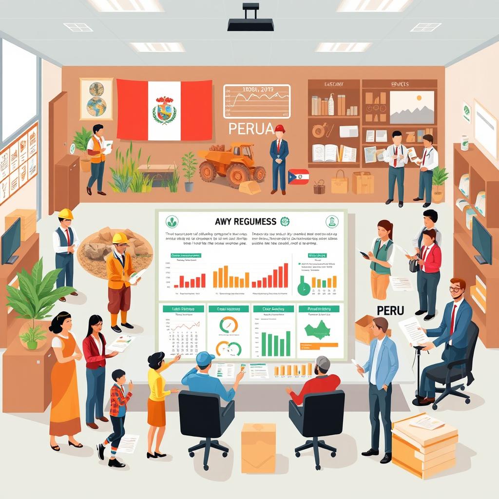 An informative illustration depicting the various labor regimes in Peru, featuring representatives from different sectors such as agriculture, mining, and services