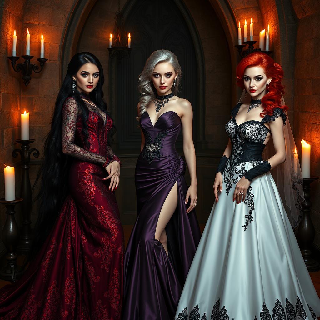 A group of three elegant vampire brides standing together in a dimly lit, opulently decorated gothic castle