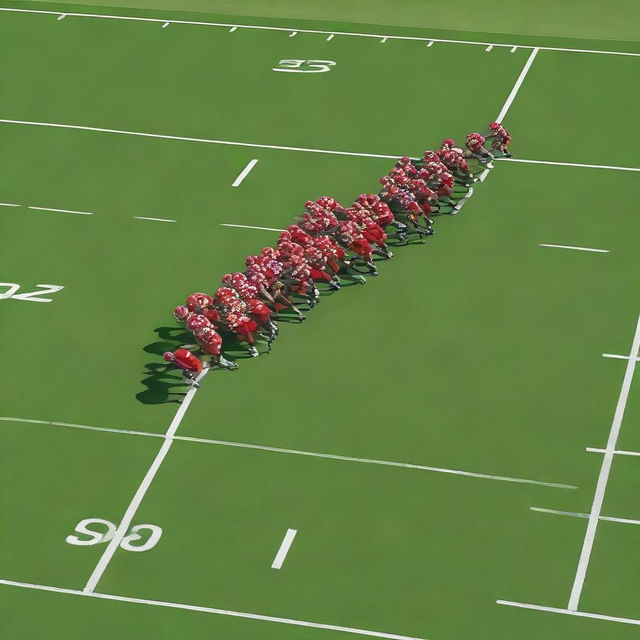 Generate an aerial sketch of a line of scrimmage during a football game. The teams should have correct numbers and colors on their jerseys.