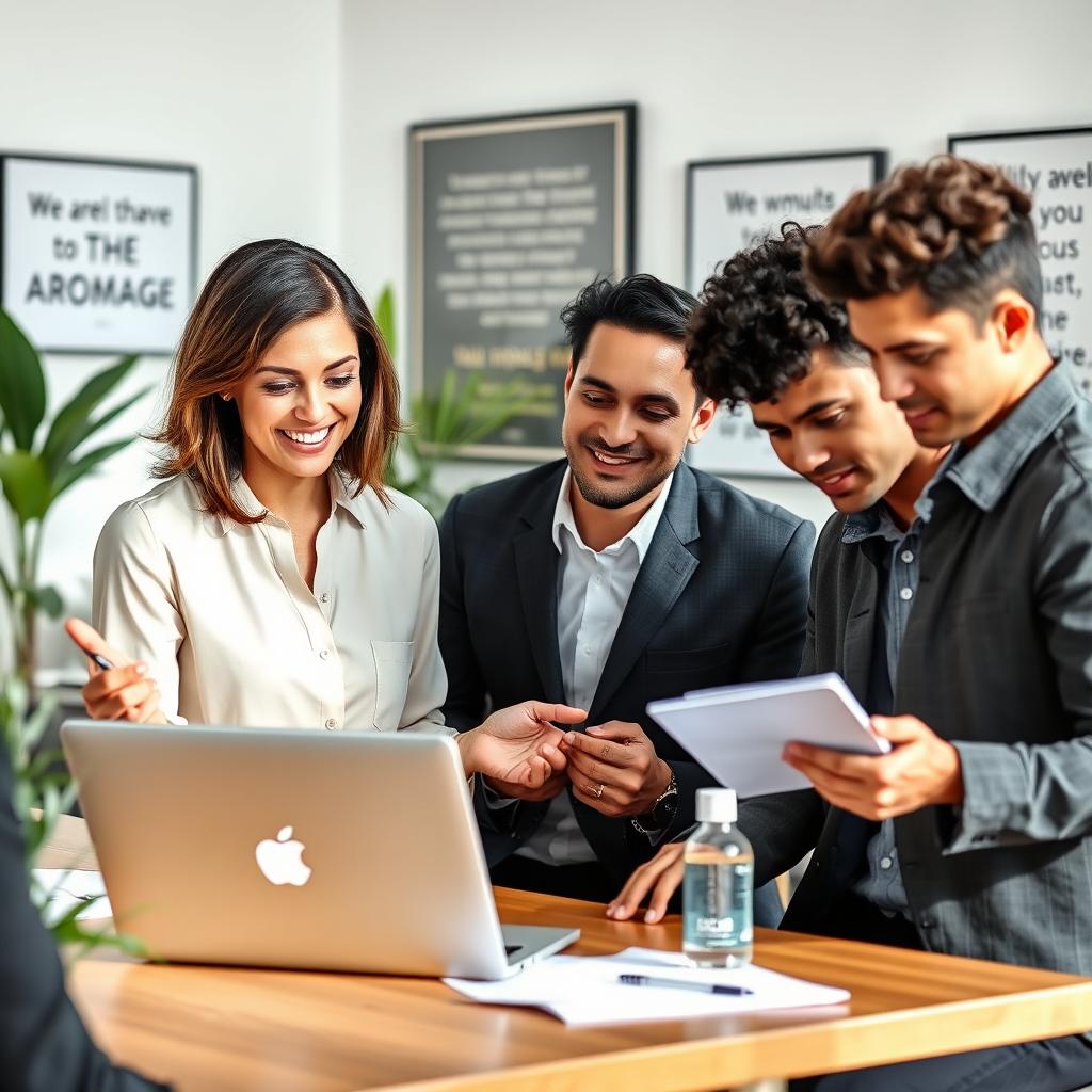 A professional and dynamic team meeting in a modern office setting, featuring a confident woman and two men discussing strategies to improve the Aromage brand