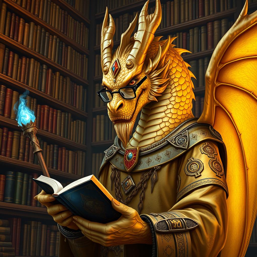 An ancient male dragonborn with gleaming gold scales, featuring a dragon-like snout, small horns, frilled ears, and a majestic crest