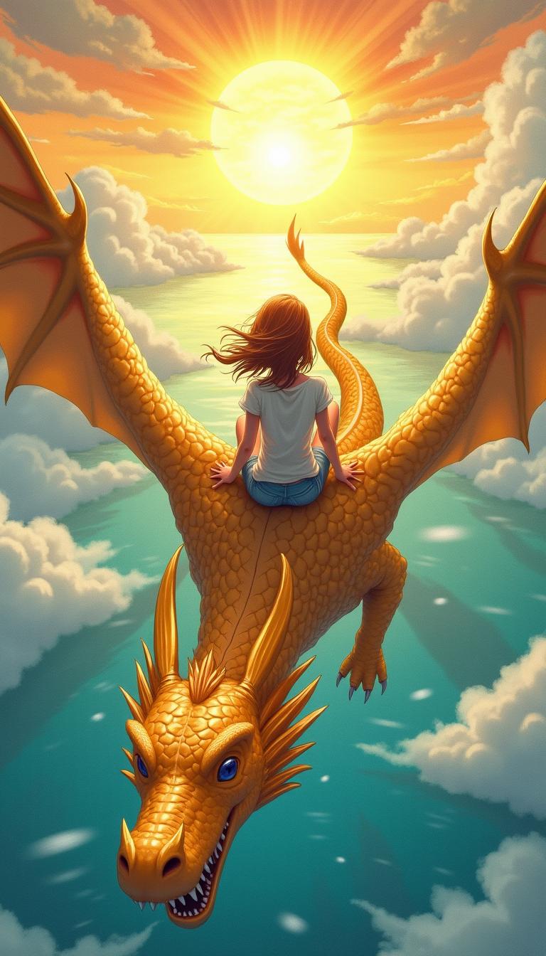 A 20-year-old girl flying on the back of a magnificent golden dragon, soaring above a vibrant sea with fluffy clouds surrounding them