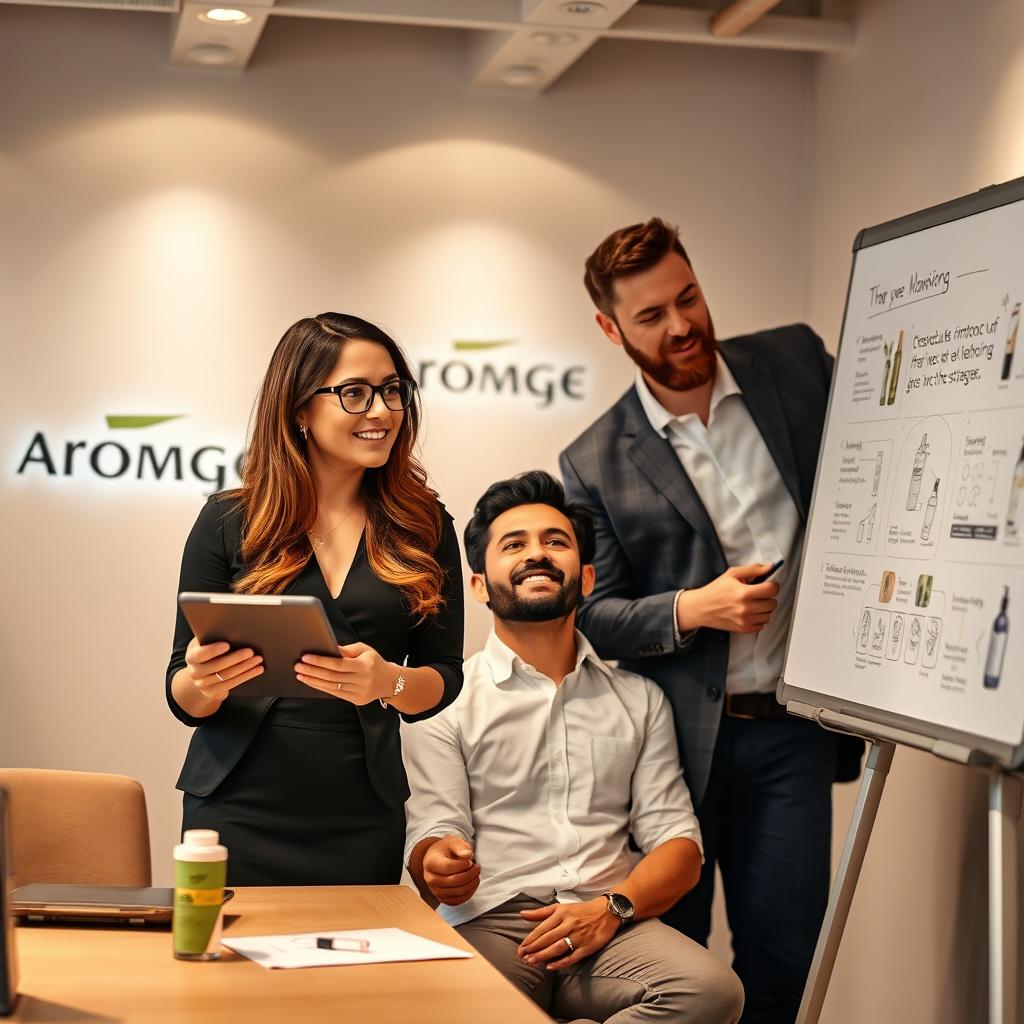 A dynamic and inspiring office environment where a woman and two men are collaborating to improve the Aromage brand