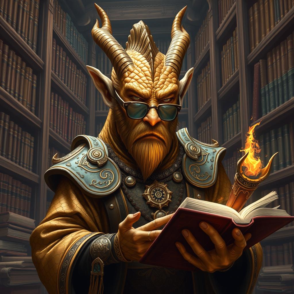 An ancient male dragonborn with stunning gold scales, showcasing a dragon-like snout, small prominent horns, frilled ears, and a regal crest