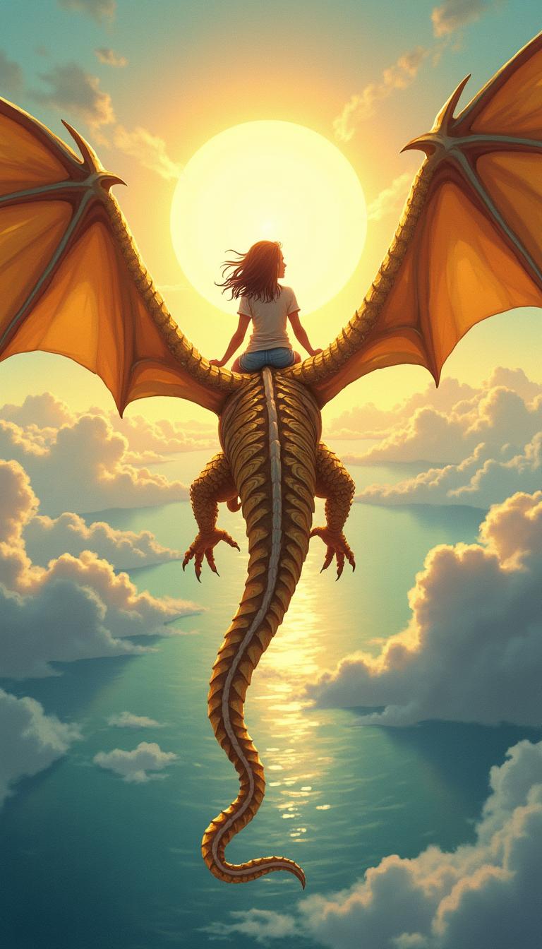 A 20-year-old girl flying on the back of a magnificent golden dragon, soaring high in the sky with a vast sea glistening below and fluffy clouds surrounding them