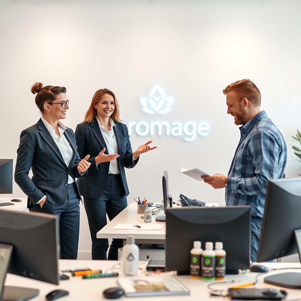 A professional and dynamic team setting showcasing a woman and two men collaborating to enhance the Aromage brand