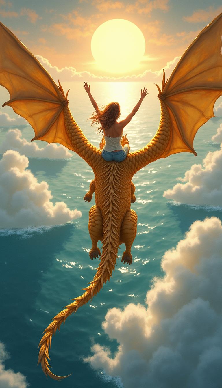A 20-year-old woman flying on the back of a majestic golden dragon, soaring high above the sparkling sea with fluffy clouds surrounding them