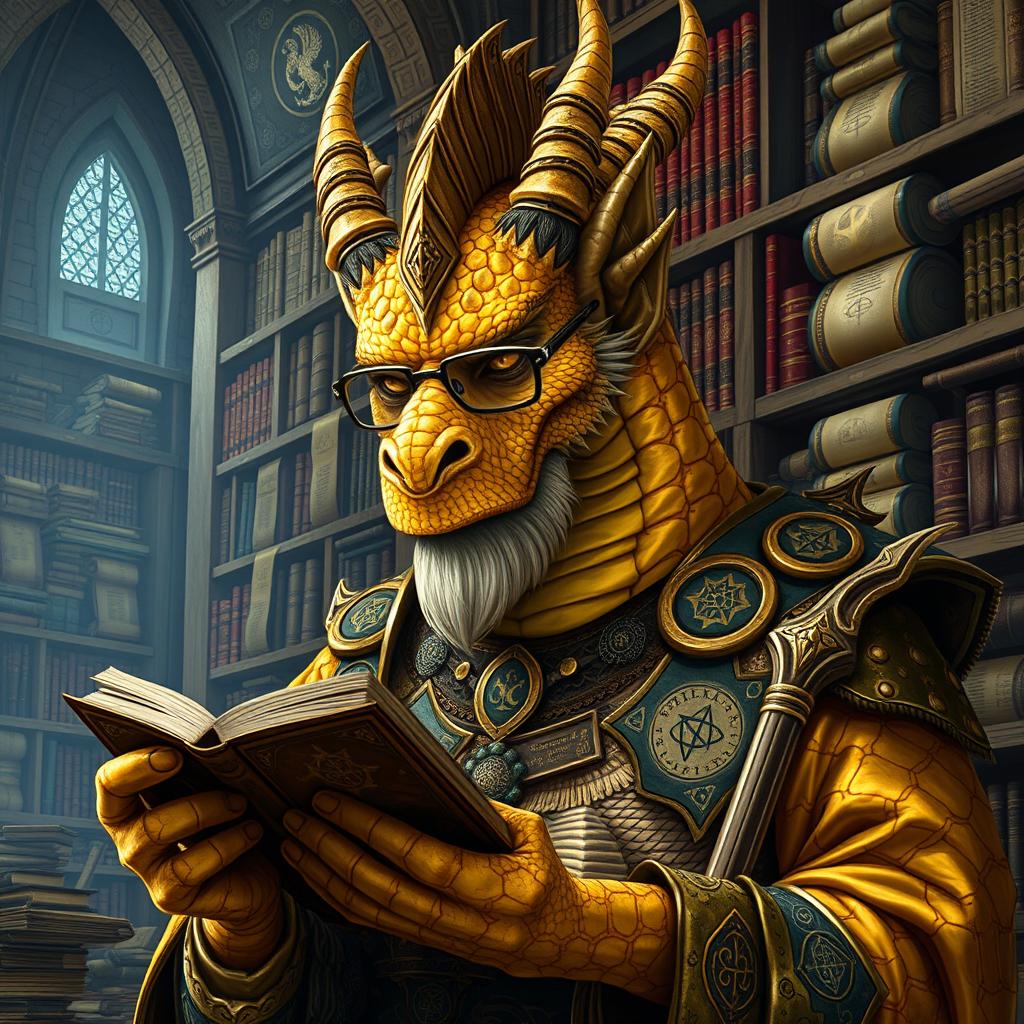 An ancient male dragonborn with brilliant gold scales, characterized by a dragon-like snout, small curved horns, frilled ears, and an impressive crest