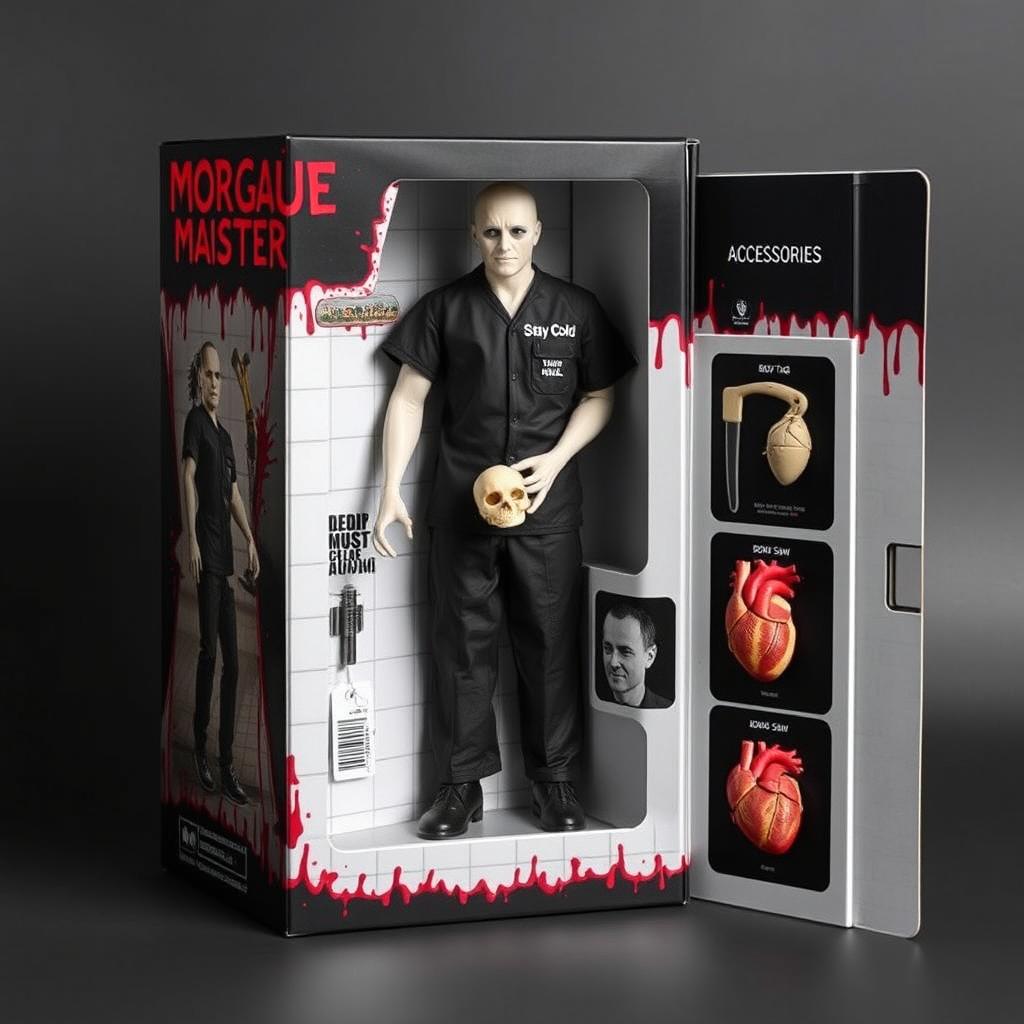 An action figure in packaging labeled 'Morgue Master'