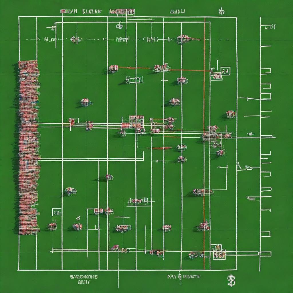 Generate an aerial sketch of a line of scrimmage during a football game. The teams should have correct numbers and colors on their jerseys.