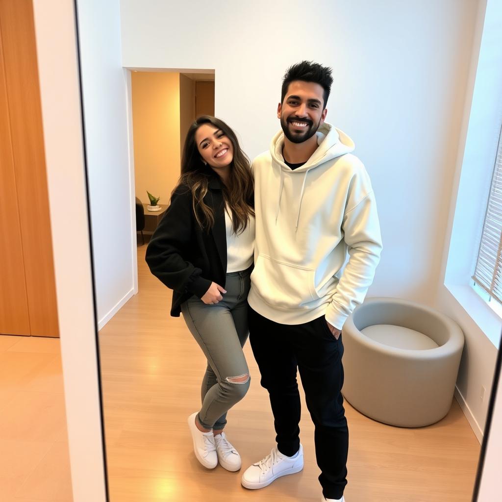 A mirror selfie of a happy couple standing together, smiling at the camera