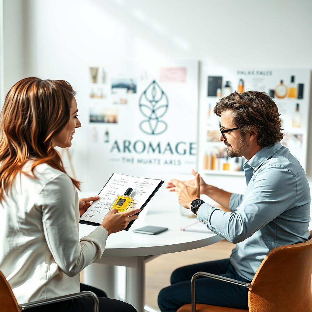 A professional setting where a woman and two men are collaborating to enhance the Aromage brand
