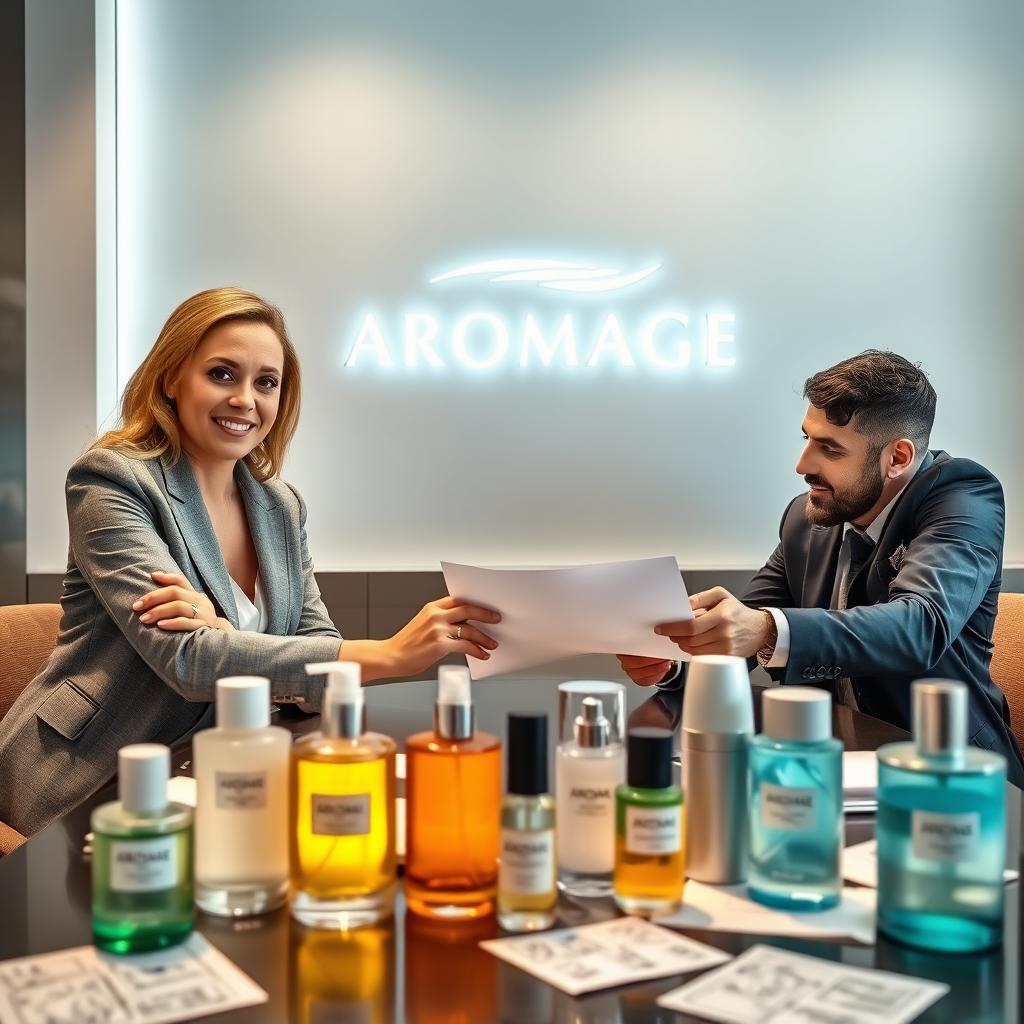 A professional photo featuring a confident woman and two men collaboratively discussing ideas to improve the Aromage brand