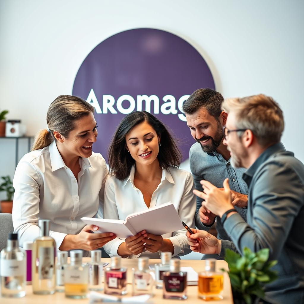 A dynamic and engaging team meeting featuring one woman and two men, passionately discussing and collaborating to enhance the Aromage brand