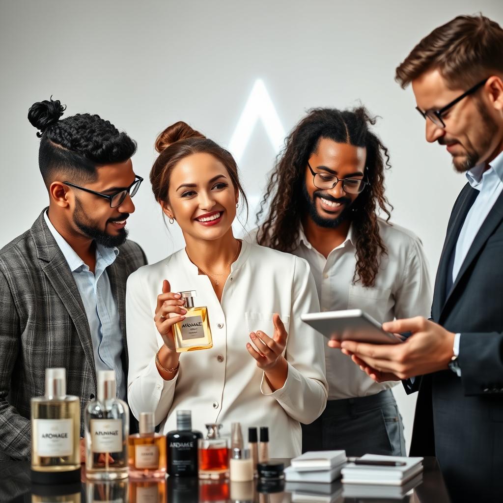 A professional photo featuring a diverse team working together to enhance the Aromage brand