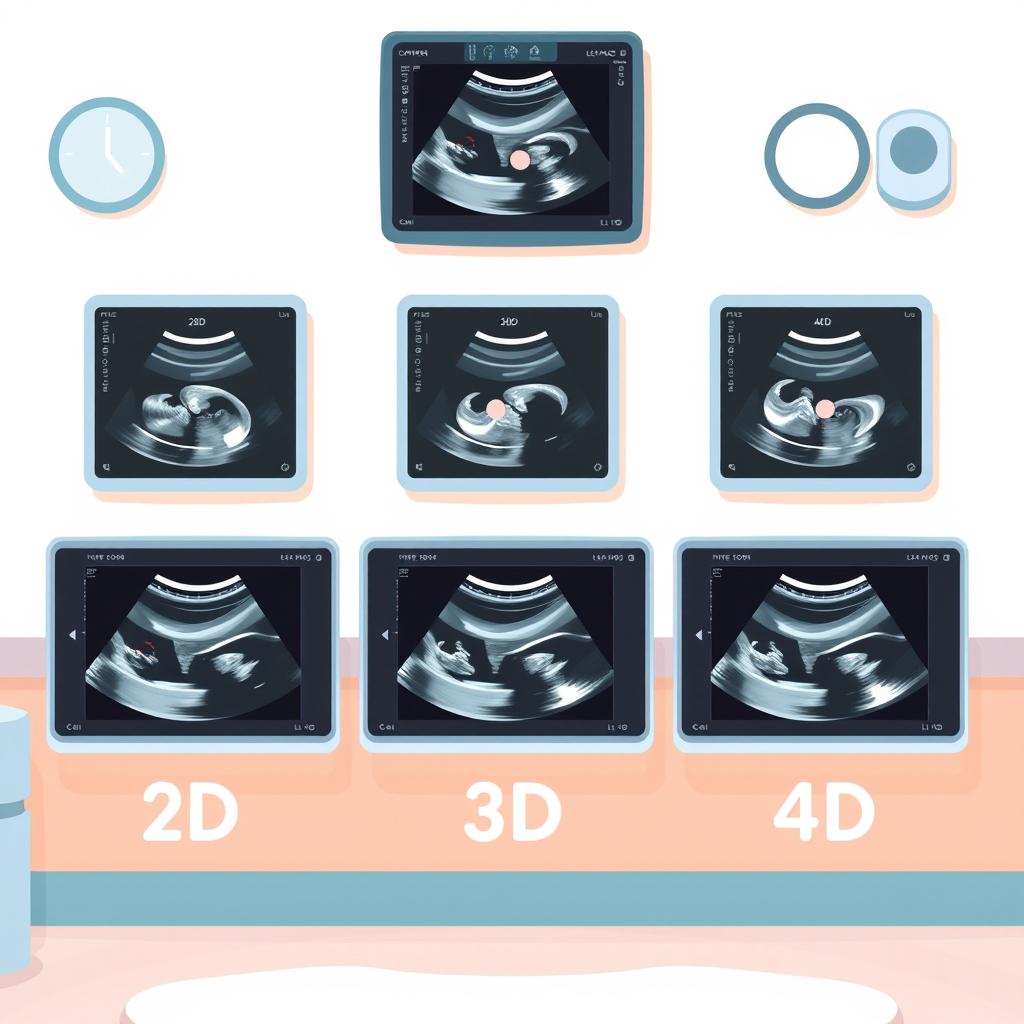 A friendly and educational illustration showing a side-by-side comparison of medical ultrasounds in a children's or maternity clinic