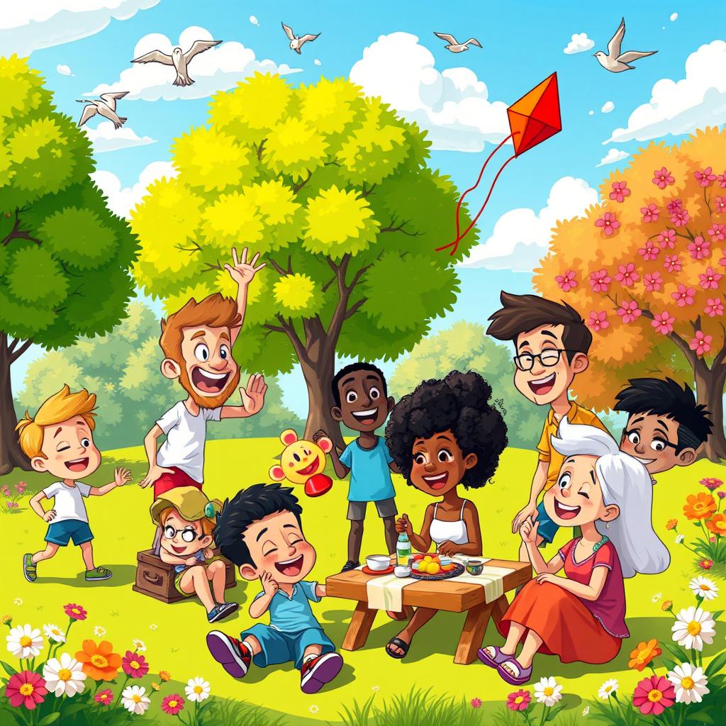 A vibrant and colorful cartoon style illustration featuring a diverse group of animated characters enjoying a sunny day at a park