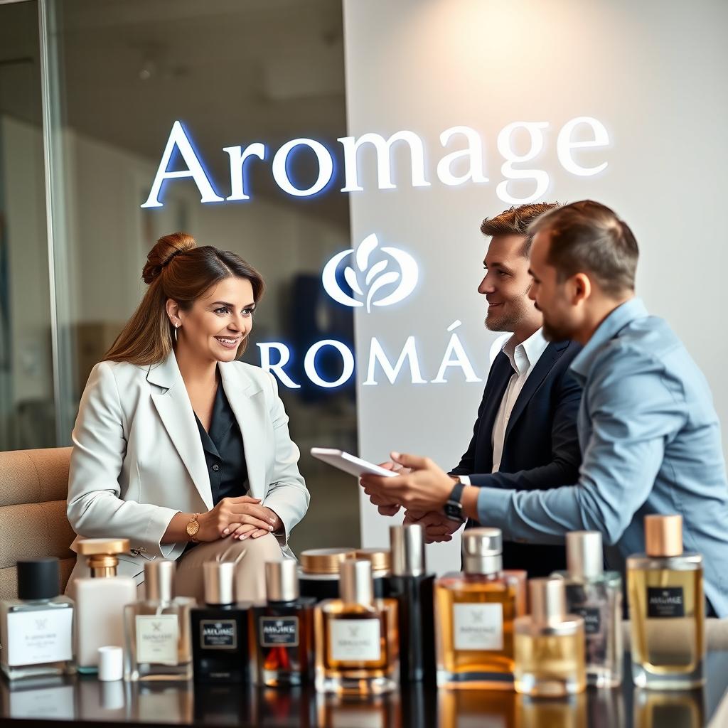 A professional team meeting scene featuring one woman and two men collaborating to enhance the Aromage brand