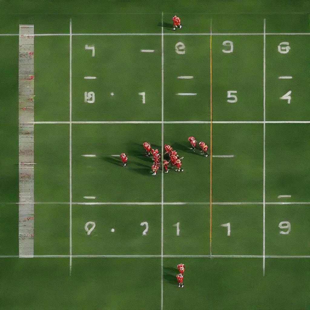 Generate an aerial sketch of a line of scrimmage during a football game. The teams should have correct numbers and colors on their jerseys.