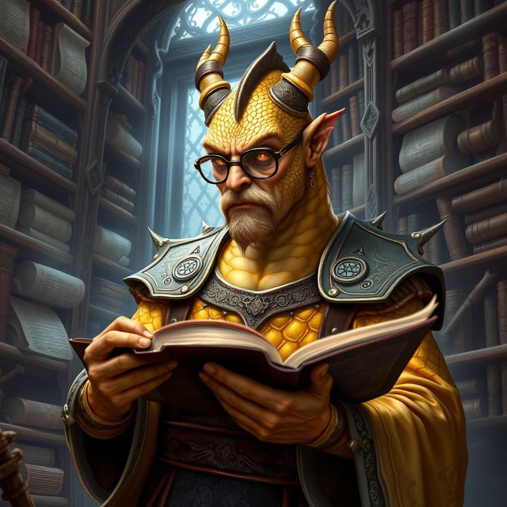 An ancient male dragonborn with striking gold scales, featuring a dragon-like snout, small curling horns, frilled ears, and a prominent crest